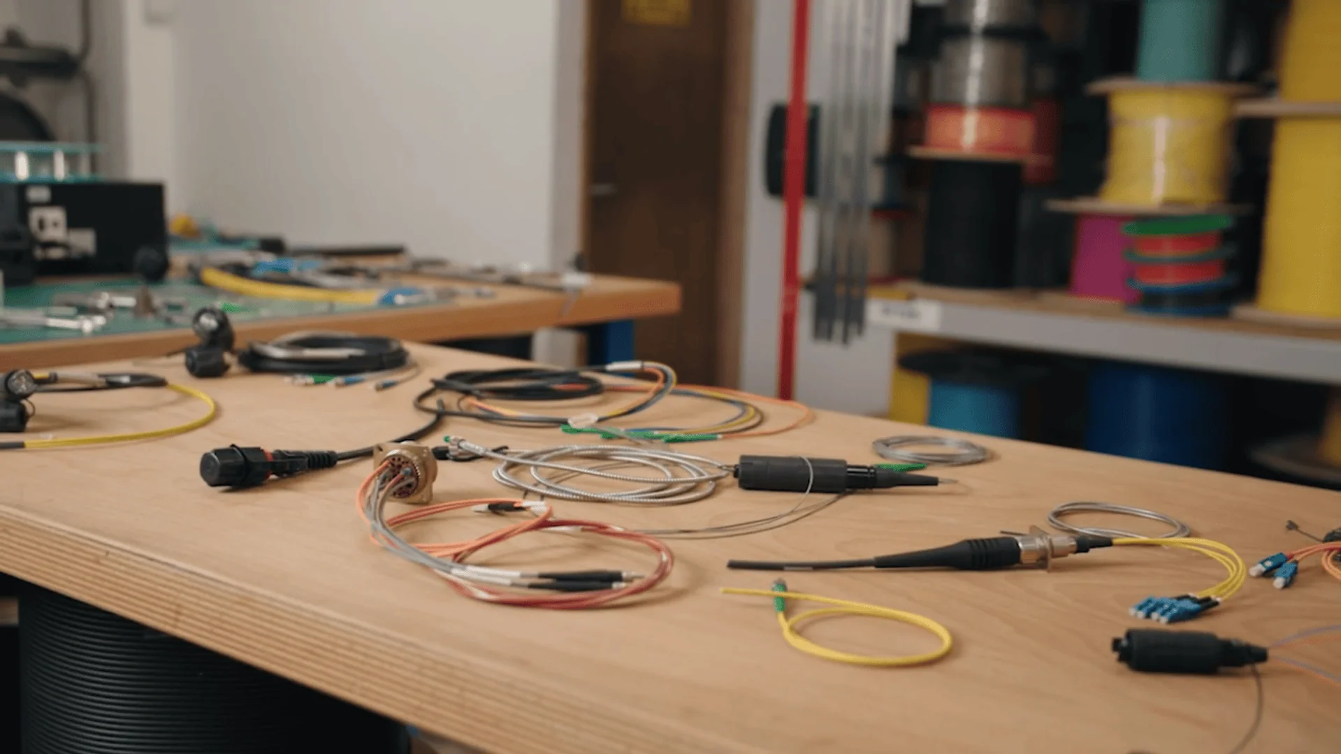 A wooden workbench is covered with an assortment of fibre optic cable assemblies and connectors. In the background, shelves are lined with spools of different coloured wires and cables.