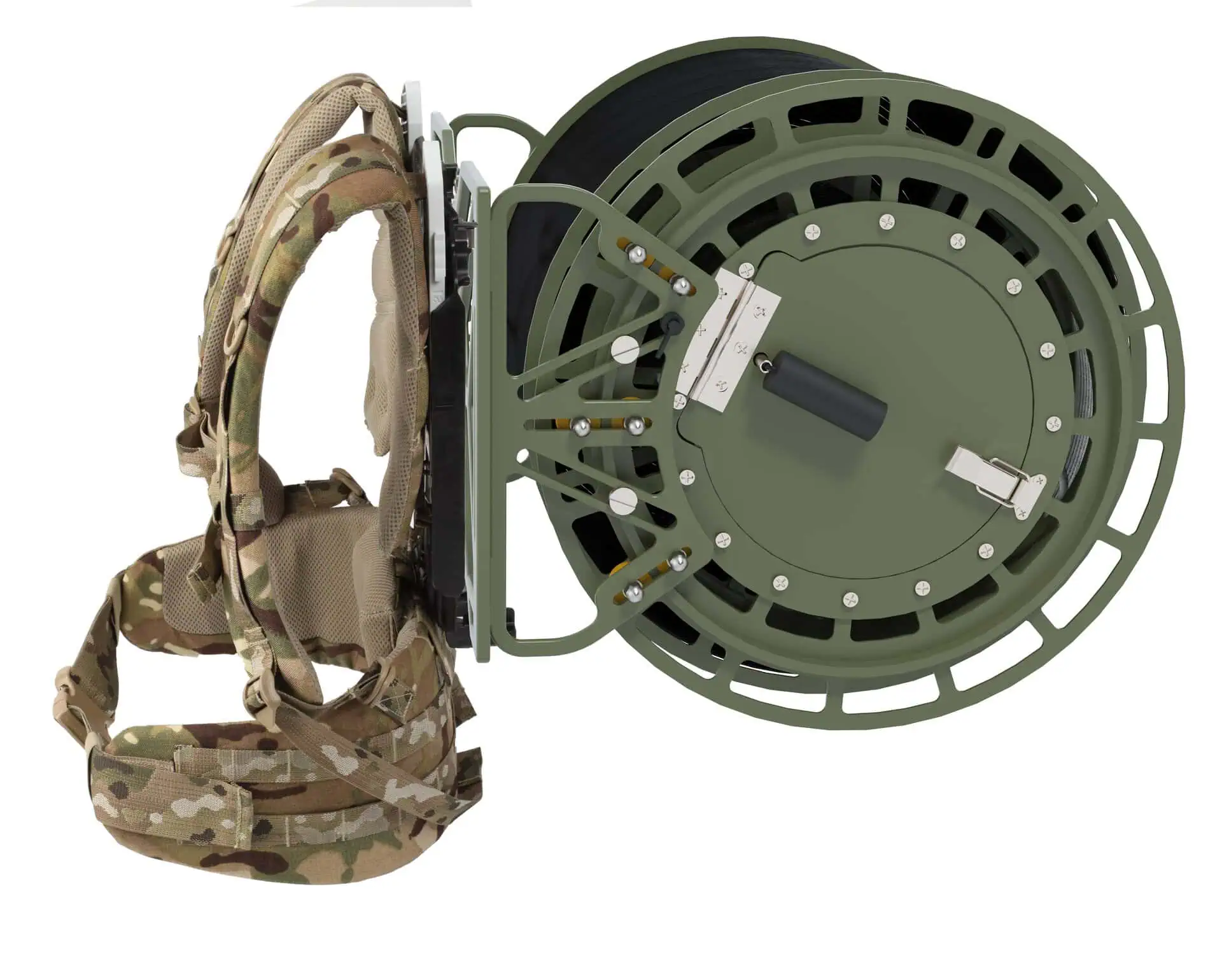 A large, olive-green tactical cable dispenser with a circular frame and central reel is shown attached to a camouflage backpack harness. The harness has visible shoulder and waist straps. The image is a product shot against a white background.