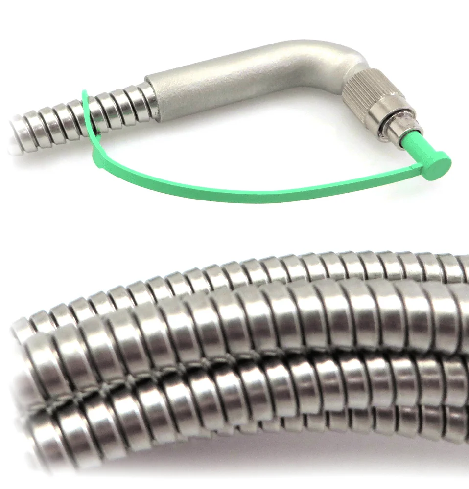 A two-part product shot of a micro-armoured fibre optic cable. The top image shows a 90-degree bend with a metal connector and a green boot, while the bottom image is a close-up of the cable's flexible metal braiding.